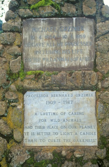 Memorial plaques for Michael Grzimek and his father Professor Bernhard Grzimek on the edge of the Ngorongoro Crater, Tanzania, Africa, June 2000, vintage, retro, old, historic