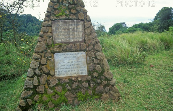 Memorial plaques for Michael Grzimek and his father Professor Bernhard Grzimek on the edge of the Ngorongoro Crater, Tanzania, Africa, June 2000, vintage, retro, old, historic