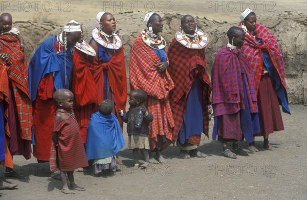 Maasai woman with small children in their village in the Ngorongoro Crater, Tanzania, June 2000, vintage, retro, old, historic