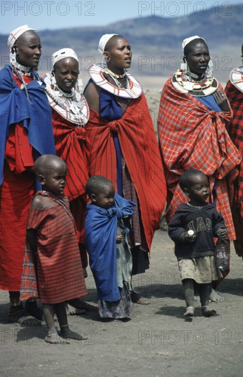 Maasai woman with small children in their village in the Ngorongoro Crater, Tanzania, June 2000, vintage, retro, old, historic