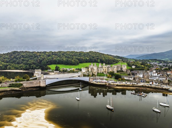 Conwy Castle over River Convy from a drone, Convy, North Wales, England, United Kingdom
