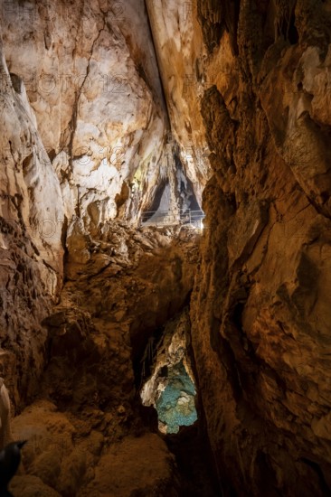 Stalactites and stalagmites, rock formations in a stalactite cave, seawater penetrates the cave through underground access, Grotta del Fico, Gulf of Orosei, Baunei, Sardinia, Italy