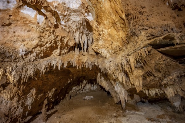Stalactites and rock formations in a stalactite cave, Grotta del Fico, Gulf of Orosei, Baunei, Sardinia, Italy