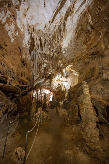 Stalactites and rock formations in a stalactite cave, Grotta del Fico, Gulf of Orosei, Baunei, Sardinia, Italy