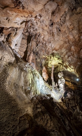 Stalactites and stalagmites, rock formations in a stalactite cave, Grotta del Fico, Gulf of Orosei, Baunei, Sardinia, Italy