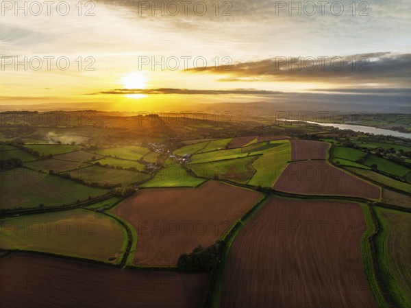 Colours of autumn Fields and Farms over Sheldon from a drone, Torbay, Devon, England, United Kingdom