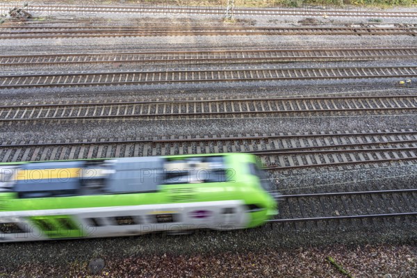 S-Bahn train on the route east, in front of Essen main station, regional transport in North Rhine-Westphalia, Germany