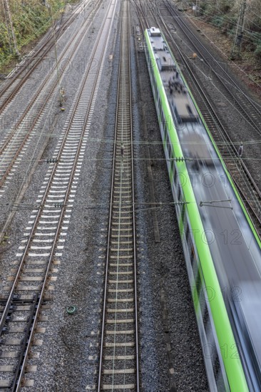 S-Bahn train on the route east, in front of Essen main station, regional transport in North Rhine-Westphalia, Germany