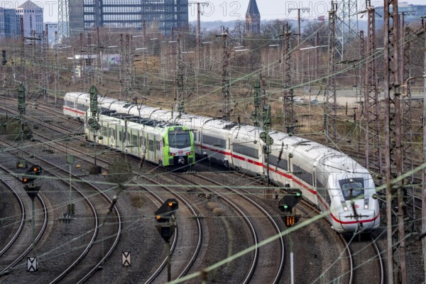 ICE train and S-Bahn on the route east, in front of Essen Central Station, regional transport North Rhine-Westphalia, Germany