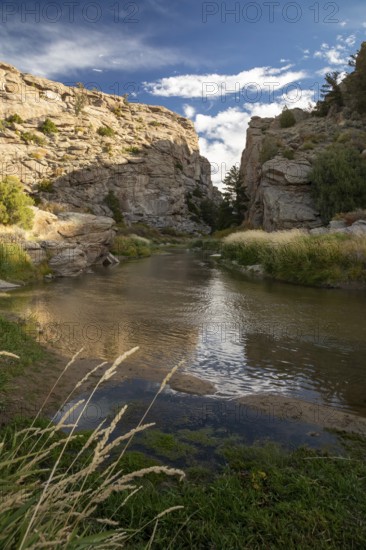 Alcova, Wyoming - Devil's Gate, a canyon cut through solid rock by the Sweetwater River. Emigrants on the Oregon Trail, Mormon Trail, and California Trail passed this way in the mid-19th century