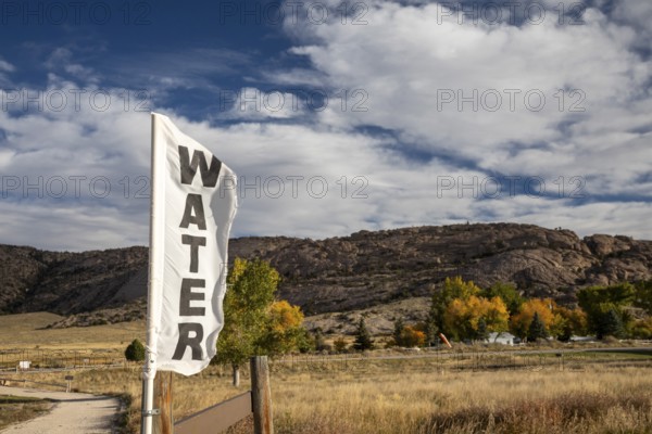 Alcova, Wyoming - A banner marks the location of drinking water at the Mormon Handcart Historic Site. Emigrants on the Mormon Trail passed this site on their way to Utah in the mid-19th century