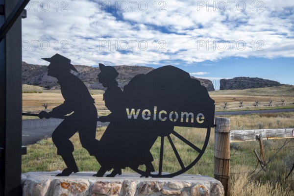 Alcova, Wyoming - The Mormon Handcart Historic Site. Emigrants on the Mormon Trail passed this site on their way to Utah in the mid-19th century. In the distance is Devil's Gate, a gorge cut in solid rock by the Sweetwater River