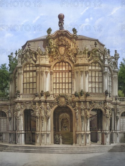 The Dresden Zwinger, Saxony, Dresden, Germany, authentic reproduction of a school mural, historical, around 1900