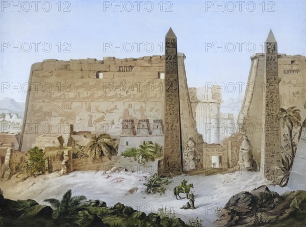 The Luxor Temple is a temple complex in present-day Luxor in Egypt. It was built during the New Kingdom and called the southern harem of Amun of Karnak, authentic reproduction of a school mural, historical, around 1900