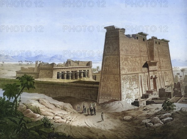 The Temple of Edfu is an ancient Egyptian temple complex on the western edge of the city of Edfu in Upper Egypt, authentic reproduction of a school mural, historic, around 1900
