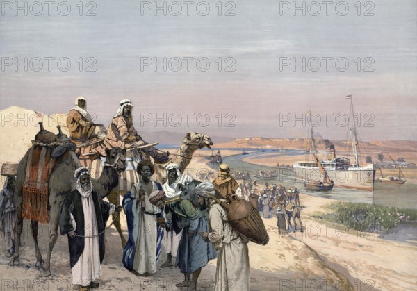 Bedouins with their camels on the Suez Canal, Egypt, authentic reproduction of a school mural, historic, around 1900