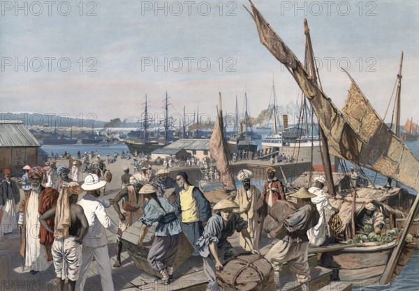 Dealer in the port of Singapore, authentic reproduction of a school mural, historic, around 1900