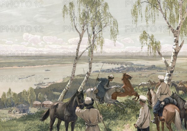 Soldiers watch a Siberian railroad train crossing a bridge, Siberia, Russia, authentic reproduction of a school mural, historic, around 1900