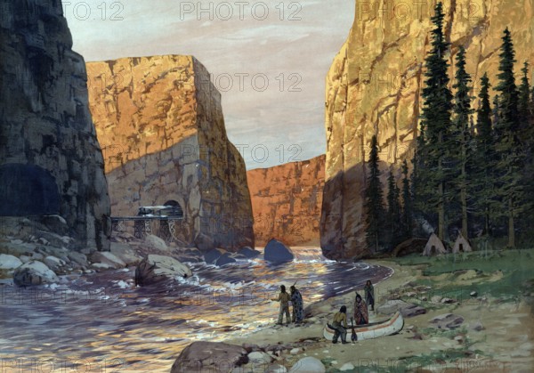Indians with a canoe by the river, in the background the Canadian Pacific Railway, Canada, authentic reproduction of a school mural, historic, around 1900