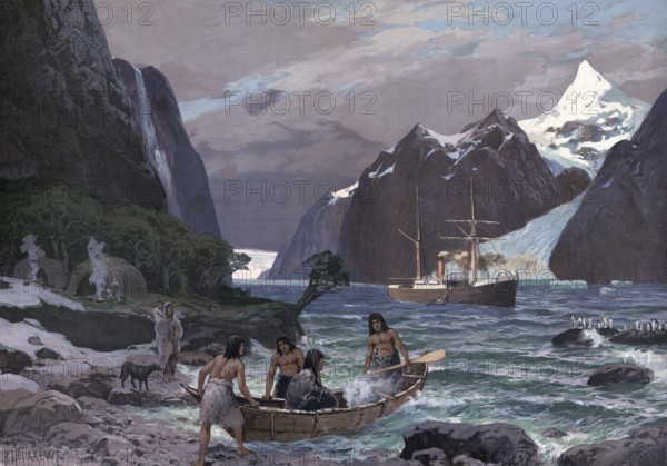 Locals with a boat and a steamer on their way through the Strait of Magellan, a strait with numerous islands and branches between the South American mainland and southern islands, primarily the island of Tierra del Fuego, authentic reproduction of a school mural, historic, around 1900