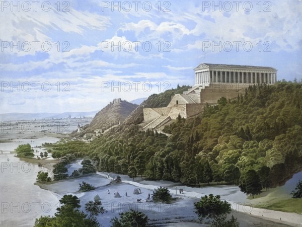 Walhalla is a memorial on the Bräuberg in the Bavarian market in Donaustauf. It was built between 1830 and 1842 by King Ludwig I of Bavaria by architect Leo von Klenze, authentic reproduction of a school wall painting, historic, around 1900