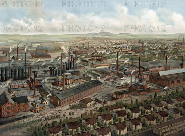 Factory buildings of an industrial plant, steel industry, Austria, authentic reproduction of a school mural, historical, around 1900