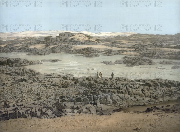 The Nile Valley near Asuan with rapids, Aswan, Egypt, authentic reproduction of a school mural, historic, around 1900