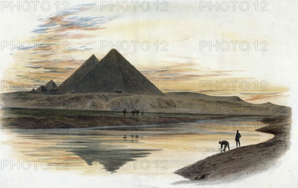 The pyramids of Giza, Egypt, authentic reproduction of a school mural, historical, around 1900