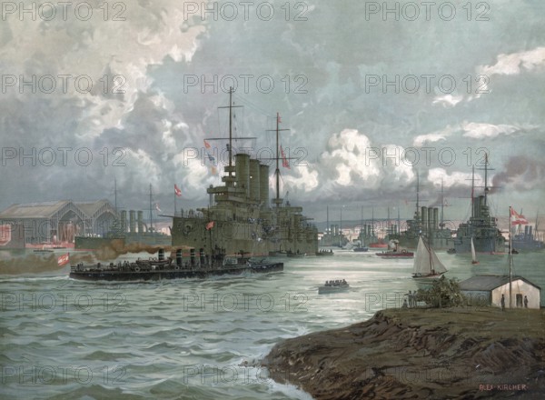 Austrian Navy, the Pola Naval Base, Pula, today Croatia, authentic reproduction of a school mural, historic, around 1900