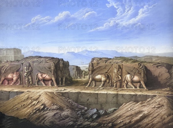 Palace of Sargon II, Khorsabad, Iran, authentic reproduction of a school mural, historic, around 1900