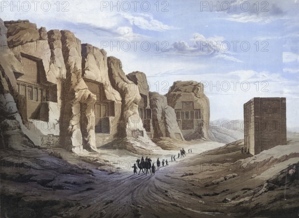 Naqsch-e Rostam is an archaeological site in the southern Iranian province of Fars, six kilometers north of Persepolis near Shiraz. Here are four rock tombs of Achaemenid great kings and a series of Sassanian rock reliefs, Iran, authentic reproduction of a school wall painting, historic, around 1900
