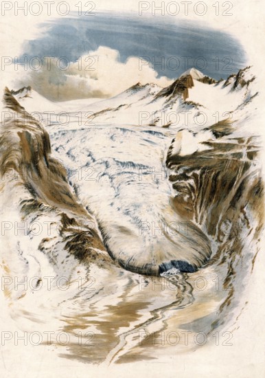 The Rhone Glacier is a valley glacier in the headwaters of the Rhone in the extreme northeast of the canton of Valais in the central Alps of Switzerland, authentic reproduction of a school mural, historic, around 1900