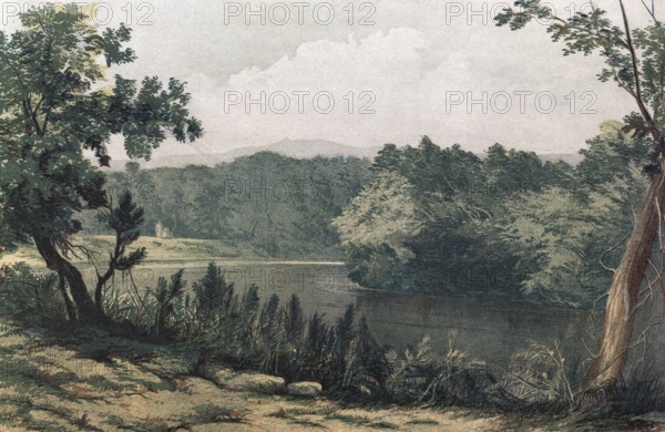 The Jordan River in Israel, authentic reproduction of a school mural, historic, around 1900