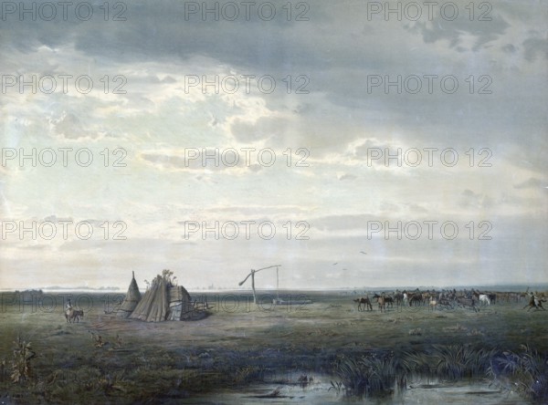 Fountain in the Puszta, Horse Herd, Hungary, authentic reproduction of a school mural, historic, around 1900