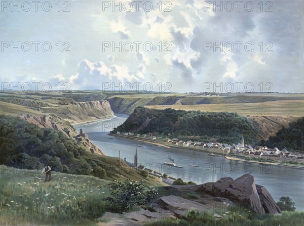 The Rhine near St. Goar, Rhineland-Palatinate, Germany, authentic reproduction of a school mural, historical, around 1900
