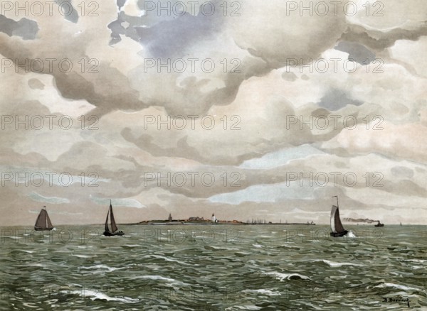 Urk, former island, which is now the oldest and smallest municipality in the Dutch province of Flevoland, Netherlands, Holland, authentic reproduction of a school mural, historic, around 1900