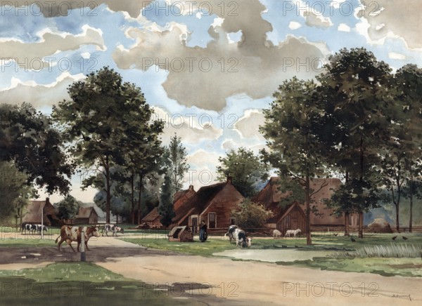 Eext is a village within the municipality of Aa en Hunze in the Dutch province of Drenthe, authentic reproduction of a school mural, historic, around 1900