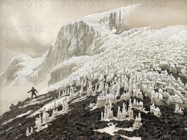 Penitent, penitent snow or zag firn, snow and ice pyramids, at Chimborazo, west side, Ecuador, authentic reproduction of a school mural, historical, around 1900