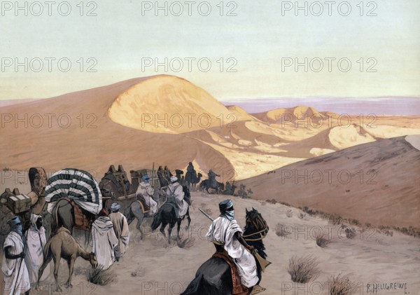Caravan on the way through the dunes of the Sahara, Algeria, authentic reproduction of a school mural, historic, around 1900
