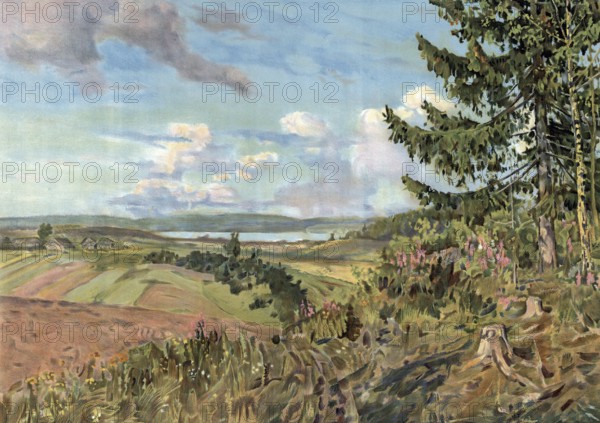 Valdai Hills, Waldai Heights is a plateau up to 347 m high in the European part of Russia, authentic reproduction of a school mural, historic, around 1900