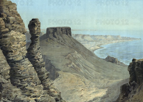 Ustyurt Plateau or Ust-Urt Plateau is an extensive, desert to steppe-like plateau in Central Asia. It belongs to the Turan lowlands and is located between the Caspian Valley and the Western Aral Sea on the territory of Uzbekistan, Turkmenistan and Kazakhstan, authentic reproduction of a school mural, historic, around 1900