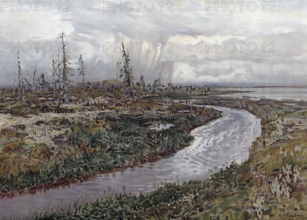 Tundra landscape in Siberia, Russia, authentic reproduction of a school mural, historical, around 1900