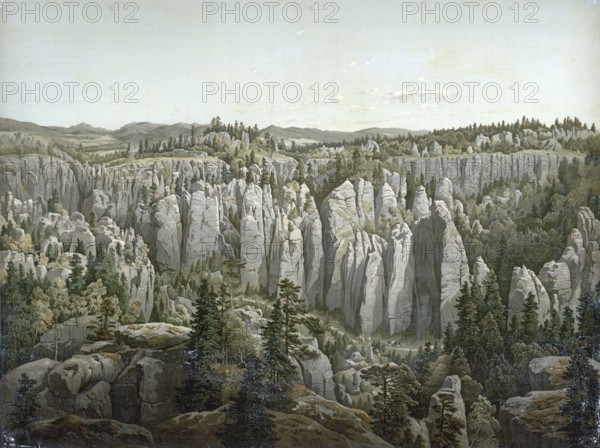 Weckelsdorf rock town, Teplické skály, impressive nature reserve of huge sandstone formations near the town of Teplice nad Metují in the Czech Republic, authentic reproduction of a school mural, historic, around 1900