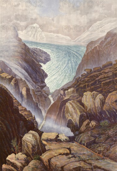 The source of the Rhine, Lake Toma in the canton of Grisons as a source of the Rhine, Switzerland, authentic reproduction of a school mural, historic, around 1900