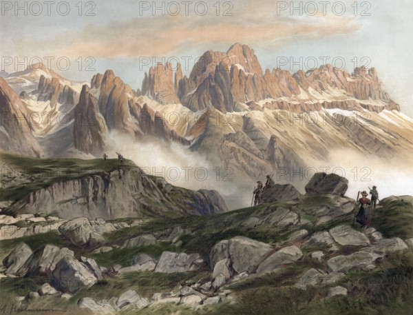 Rosengarten rock group in the Dolomites, South Tyrol, Italy, authentic reproduction of a school mural, historic, around 1900
