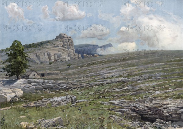 Yayla Mountains, Crimean Mountains are a mountain chain that stretches over a length of approximately 150 km along the south-east coast of the Crimean peninsula, Ukraine, Russia, authentic reproduction of a school mural, historical, around 1900