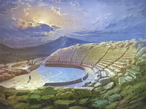 The Theatre of Dionysus in Athens was the most important theatre in ancient Greece and is considered the birthplace of ancient Greek theatre and drama in general. It is also considered the first theatre in the world, authentic reproduction of a school mural, historic, around 1900