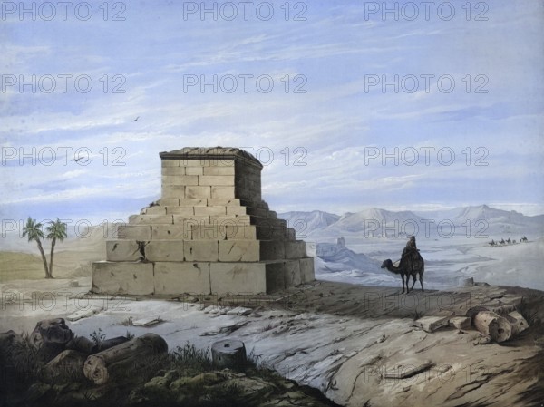 The tomb of Cyrus II in Pasargadae, near the present-day city of Shiraz, Iran, authentic reproduction of a school mural, historic, around 1900