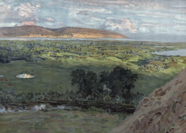 The Zhiguli Mountains are a forested low mountain range in Russia, located along the right bank of the Volga in the so-called Samara Loop, authentic reproduction of a school mural, historical, around 1900