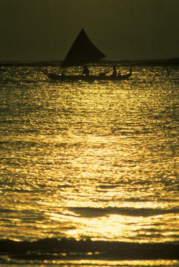 Fisherman with sailing cantilever tree at sunset, Bali, Indonesia